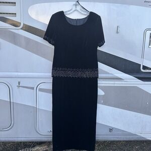 R&M Richards Karen Kwong Size 10 Velvet Maxi Dress Black Elegance Beaded‎ Zip